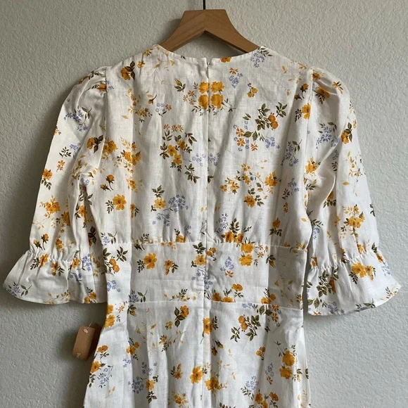 Reformation Maribel Linen Midi Floral Dress Puff Short Sleeves V Neck Tansy 4 - Picture 6 of 14